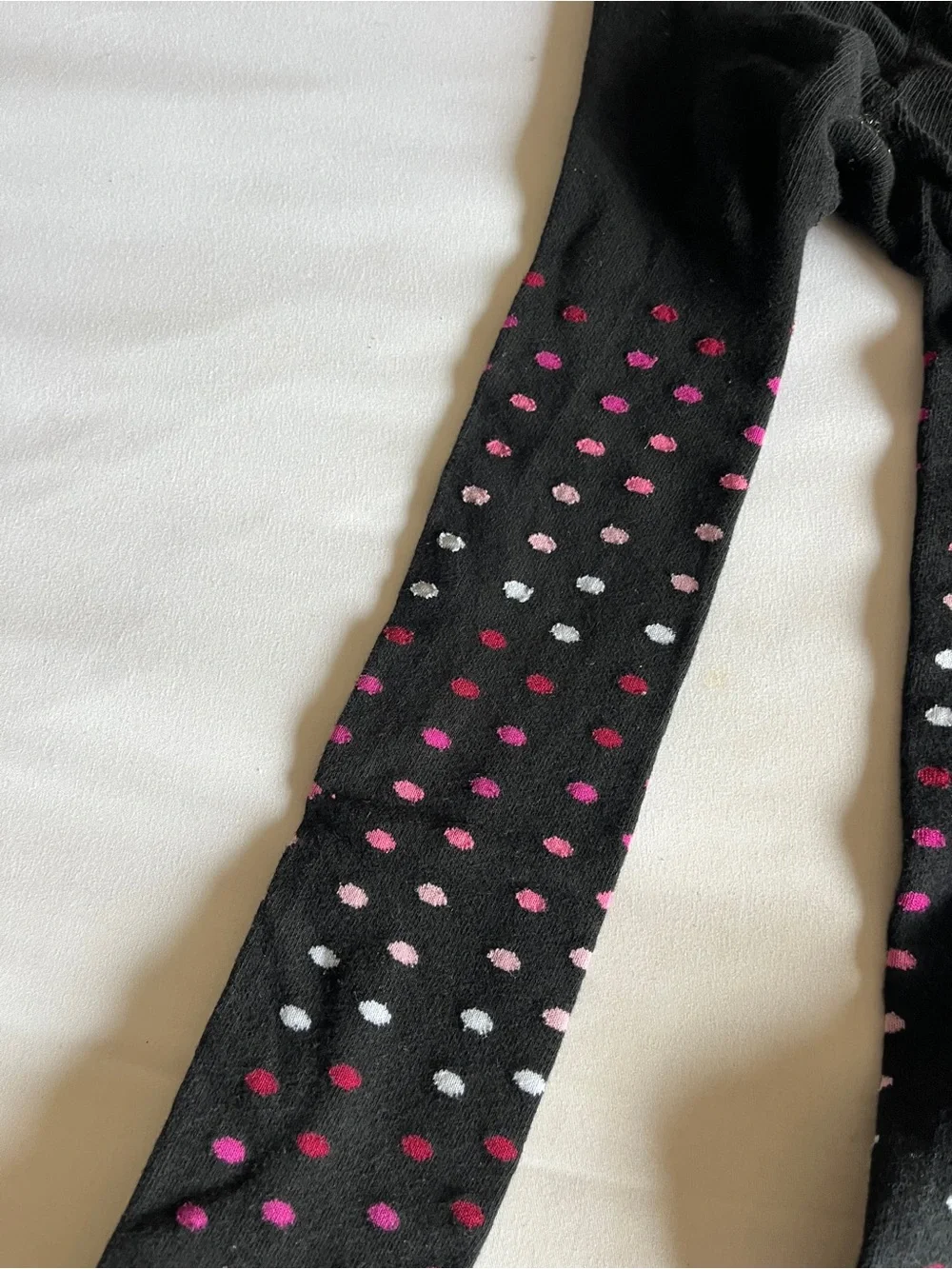 Black Pink Polka Dot Knit Tights Girls Size 12-14 Cotton Blend Stretch Stockings